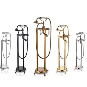 Floor Mounted Free Standing Bathtub Faucet Tub Filler with Hand Shower Set Mixer - Picture 1 of 34
