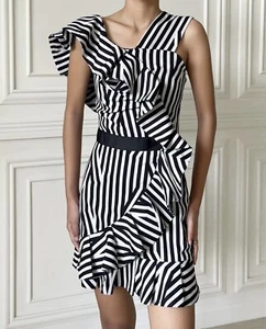 Self Portrait Dress Size AU/UK 10/ US 6 Abstract Ruffle Mini Races Stripe 3D - Picture 1 of 15