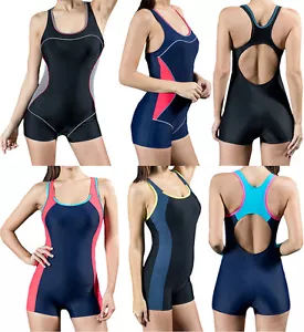 Women Color Block One Piece Boyleg Swimsuit Racerback Sports Bra Swimwear - Picture 1 of 21