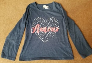 Basic Editions Girls Med 7/8 Long Sleeve “Amour” Love Heart Shirt Kids Children - Picture 1 of 2