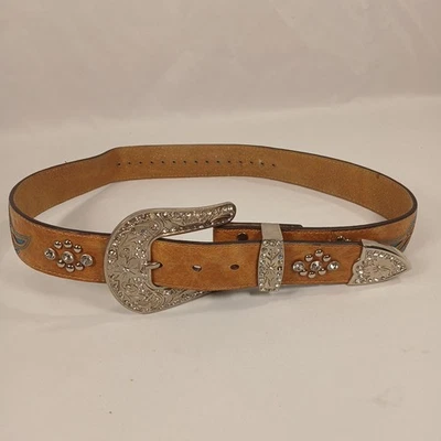 "Cinturón de cuero Nocona Western hebilla de estrás azul rojo corazón 34"" vaquera" Foto 1 de 4