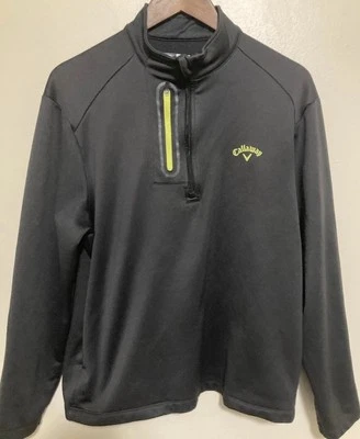 Callaway 毛衣男式 Med M 黑色绿色套衫 1/4 拉链长袖高尔夫口袋 — 第 1/4 张图片