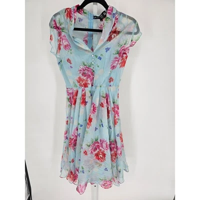 Hell Bunny Vixen Womens Blue Short Sleeve V-neck Back Zipper Floral Dress Size M - Image 1 of 4
