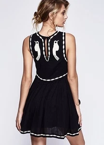Free People Birds of a Feather Black Embroidered Mini Dress Size 12 - Picture 1 of 10