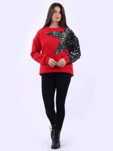 Ladies Sequin Star Arm Sweatshirt Women Lagenlook Crop Boxy Fleece Top One Size - Picture 1 of 27