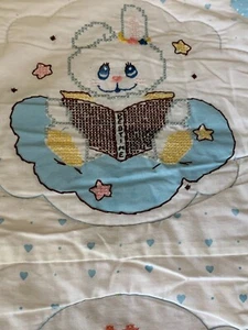 Vtg Baby Quilt Wall Hang Cross Stitch Bunny Rabbits Bedtime Story Signed 34x38.5 - Picture 1 of 14