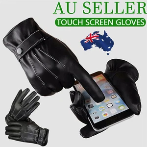 Mens Winter Warm PU Leather Black Touch Screen Gloves Full Finger For Smartphone - Picture 1 of 10