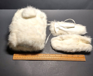 1960's Child's White Rabbit Fur Lined Hand Muff Warmer & Strap & Mittens Set