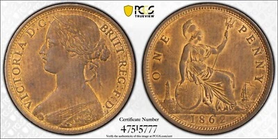 GRANDE MOEDA DE UM CENTAVO BRITÂNICA VICTORIA 1862, NÃO CIRCULADA, CERTIFICADA PCGS MS62-RB - Imagem 1 de 4