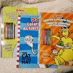 Lot of 3 Dr. Seuss Coloring Books and Crayons - Green Eggs, Horton, Cat in Hat - Picture 1 of 10