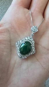 Genuine Nice 4.3ct Jadeite Jade Cabochon (Type A) 925 Silver Pendant with Chain - Picture 1 of 10
