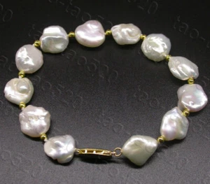 Luster 8" 14mm Baroque white Reborn keshi pearls bracelet 14K gold clasp c1578t - Picture 1 of 4