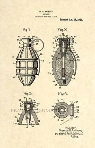 Official Grenade US Patent Art Print - Vintage Army Marine Veteran USMC - 100 - Picture 1 of 3