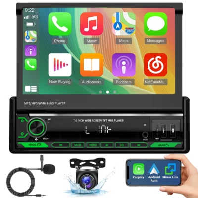 YUANTING Single 1DIN 7" Flip Out Car Stereo CarPlay FM Radio Touch Screen MP5 Player+CAM