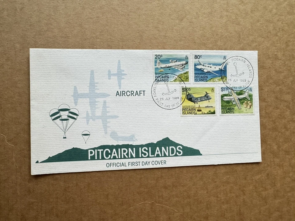 Pitcairn Islands 1989 FDC (79) Pitcairn Aircrafts #323-26 +Mail Drop Cachet - Image 1 of 1