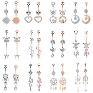 2pc Surgical Steel Zircon Barbell Belly Bar Ring Button Dangle Navel Piercing - Picture 1 of 29