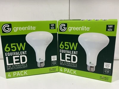 8x Greenlite (Two 4-Packs) BR30 8w LED Dimmable Light Bulbs, 3000k 670 Lumen NEW - Image 1 of 4