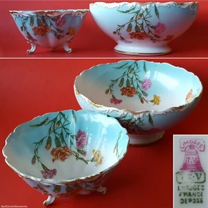 Antique Tressemanes & Vogt T&V Limoges Punch Bowl + 3-Footed Bowl. Carnations - Picture 1 of 12