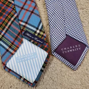 Lot of 2 CHARLES TYRWHITT Mens Blue Plaid Houndstooth Silk Wool Ties Neckties - Picture 1 of 8