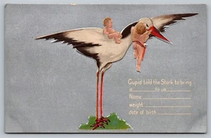 Postcard Stork Baby Announcement Flying Cherub Cupid Told The Stork To Bring Us - Bild 1 von 2