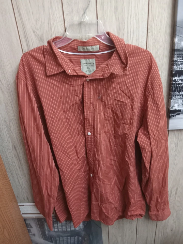 Sonoma Life & Style Long Sleeve Shirt Mens  Xl Orange With White Stripes - Image 1 of 4