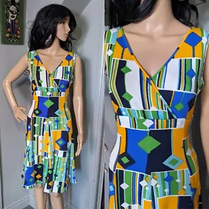 Vintage 60s 70s Orange Blue Geometric Abstract Sun Beach Dress Mod 10 12 38 - Picture 1 of 6