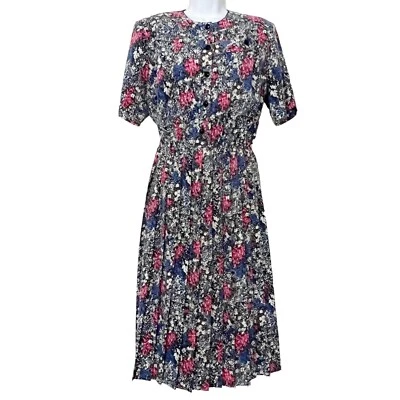 Vtg Orvis S/S Dress Floral Pleated Skirt Shoulder Pad High Neck Modest Fits 16 - Image 1 of 4