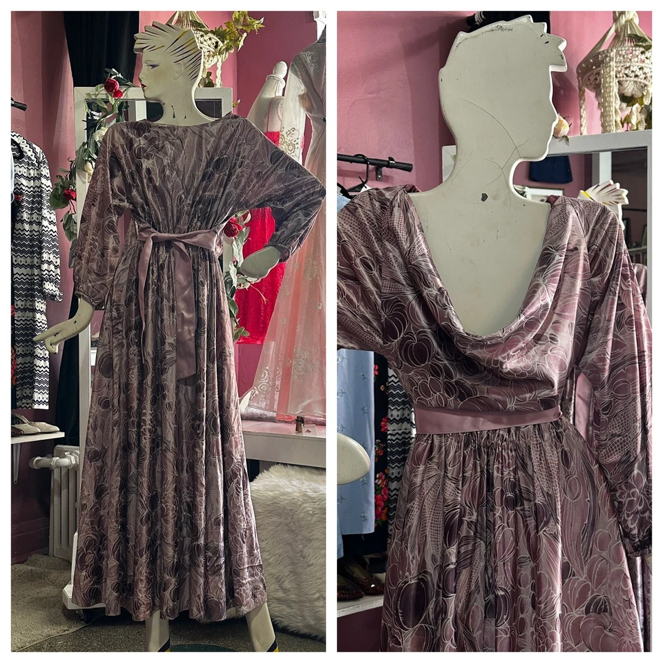 Maxi Vestido Victor Costa Vintage Años 70 Púrpura Anfitriona Estampado Veggie Boho Drapeado M/L Foto 1 de 4