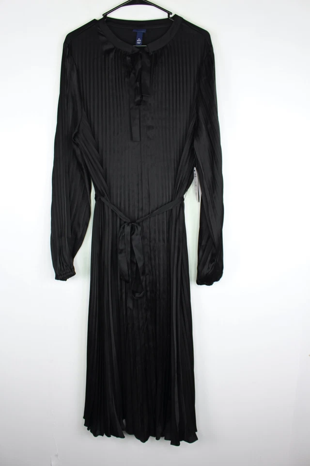 Women's Scoop Blouson Sleeve Belt Waist Pleated Midi Dress Black XL(16-18)