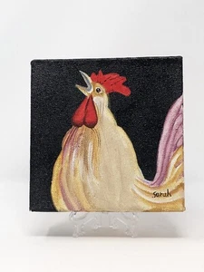 Rooster Portrait by Sarah Oil Painting On Canvas 5" X 5" - Picture 1 of 6