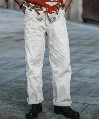 Bronson 🇺🇸ship USN Herringbone Deck Pants White 100% Cotton 38x34 W38 - Photo 1/4