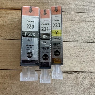 Paquete de 3 tintas Canon 220 y 221 nuevas PGBK, BK, Y negras amarillas selladas originales OEM Foto 1 de 4