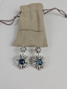 DAVID YURMAN SILVER  STARBURST HAMPTON BLUE TOPAZ DIAMOND EARRINGS DOUBLE 19mm - Picture 1 of 24
