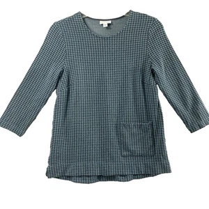 J. Jill Top Womens Small Blue Gray Houndstooth Plaid Knit 3/4 Sleeve Casual - Picture 1 of 8