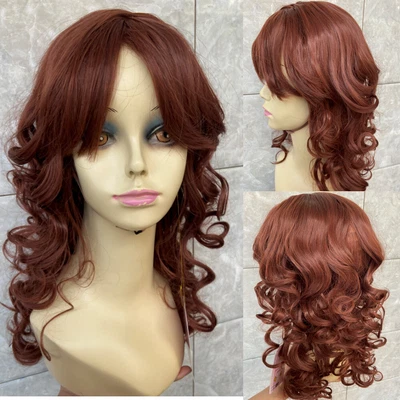 Human Hair Blend Wig Heat OK Curly Long Brown mix Bangs Layered 33/130 Women Wig - Image 1 of 4