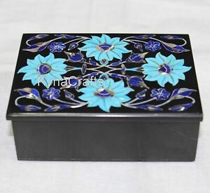 4x3 Inches Black Marble Trinket Box Turquoise Stone Inlay Work Small Jewelry Box