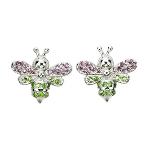 925 Sterling Silver Round Chrome Diopside Rhodolite Garnet Bee Earrings - Picture 1 of 10