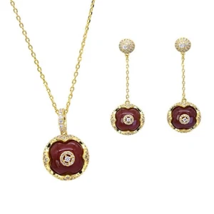 Onyx Red & Cubic Zirconia Flower Gold Plated Necklace Earrings Jewelry Set - Picture 1 of 4
