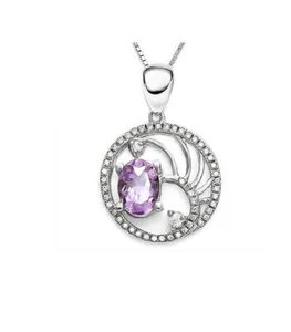Amethyst & Created Sapphire Sterling Silver Pendant 18 in 925 Box Chain Necklace - Foto 1 di 7