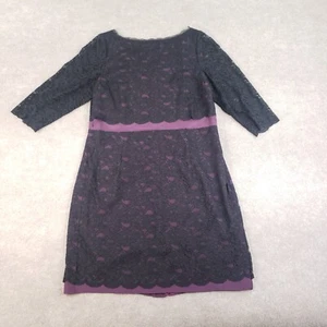 Boden Dress Women Size 16 R Black Purple Shift 3/4 Sleeve Lace Doily Scallop Hem - Picture 1 of 12