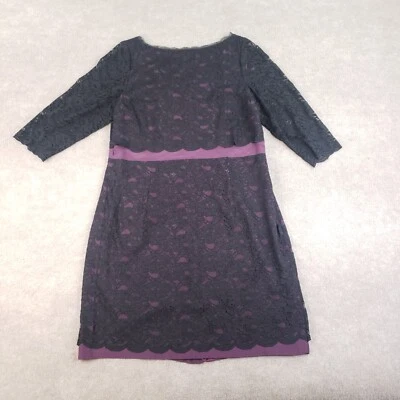 Boden Dress Women Size 16 R Black Purple Shift 3/4 Sleeve Lace Doily Scallop Hem - Image 1 of 4