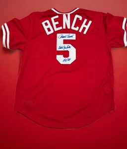 Johnny Bench AUTO “ Catch Ya Later ” HOF 89 Signed Reds Jersey JSA CERT - Picture 1 of 6