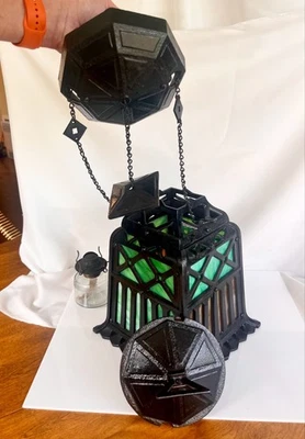 АНТИКВАРНАЯ ЧУГУННАЯ ПОДВЕСНАЯ МАСЛЯНАЯ ЛАМПА ТЮДОР ИЗ ШЛАКОВОГО СТЕКЛА ВЫДВИЖНОЙ НАВЕС для прихожей - Изображение 1 из 4