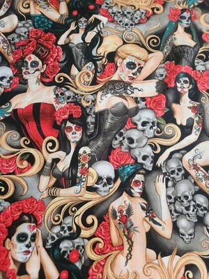 Day of the Dead Tattoo Ladies and Skulls Sewing Fabric - Image 1 of 4