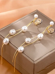 Clip On 4.5" Long Pearl Earrings Drop Dangle Gold Tone Wedding Prom Pageant Cuff - Picture 1 of 6