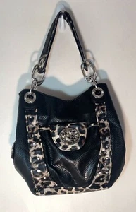 KATHY VAN ZEELAND LARGE BLACK WITH LEOPARD TRIM HANDBAG SHOULDER BAG RHINESTONES - Picture 1 of 6