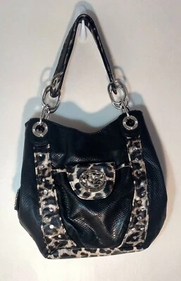 BOLSO DE HOMBRO KATHY VAN ZEELAND GRANDE NEGRO CON RIBETE DE LEOPARDO PEDRERÍA Foto 1 de 4