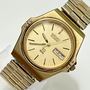Seiko SQ 100 Watch Men 9123-6009 36mm Gold Dial Gold Tone Daydate NEEDS BATTERY - Picture 1 of 11