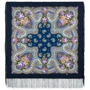 35" Wool Pavlovo Posad Shawl Russian Shawl 1843-14 Павловопосадский Платок, Blue - Picture 1 of 3