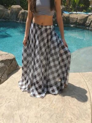 Maya Antonia Elastic Waist Light Chiffon Maxi Skirt, Plaid Black-Red/Flowy-Boho - Image 1 of 4